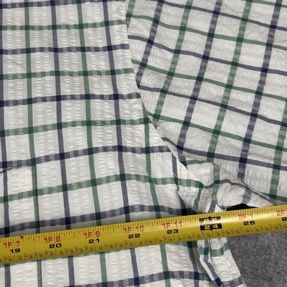 LL Bean Shirt Mens XL White Green Blue Striped Short Sleeve Seersucker USA Vtg - Picture 5 of 9